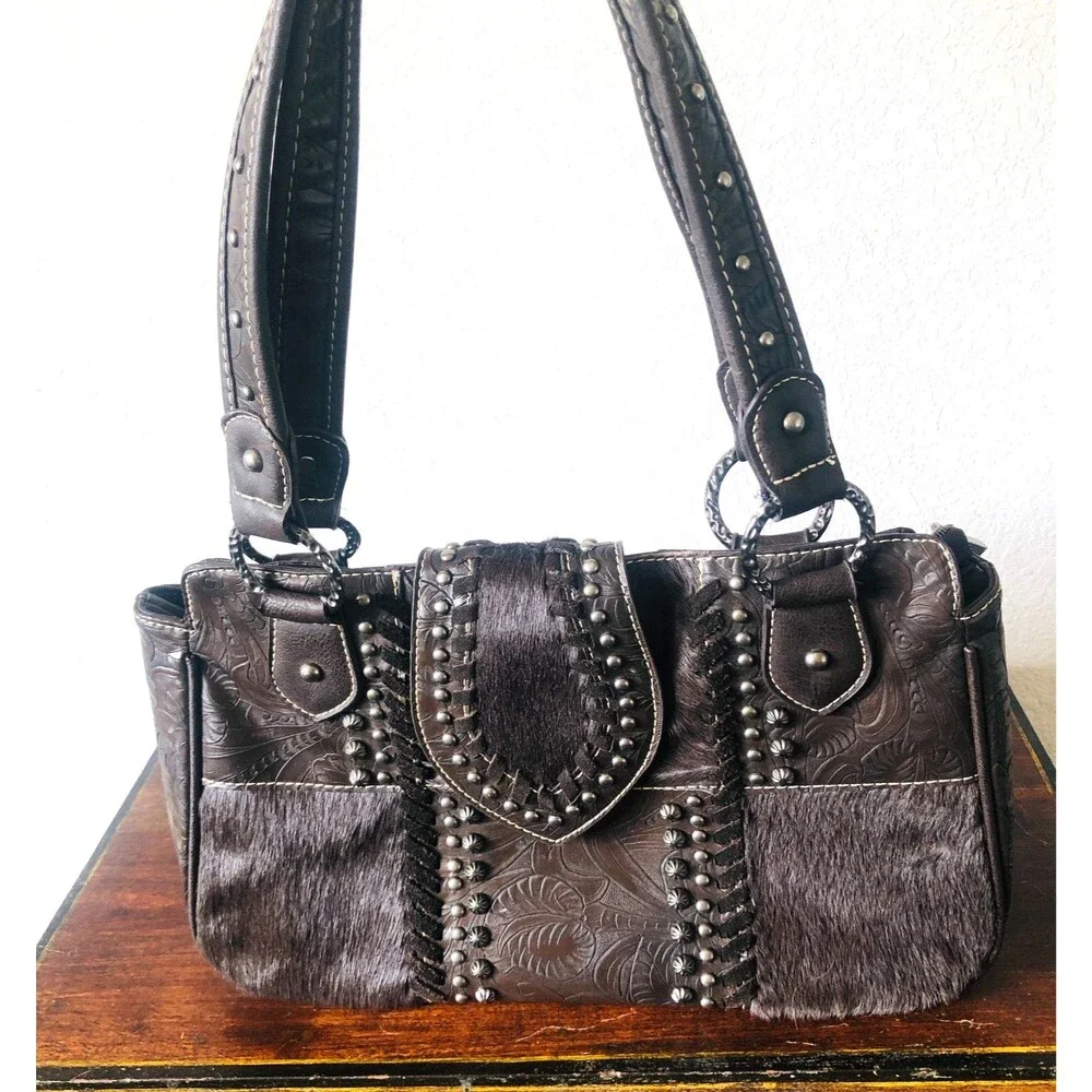 Montana West Trinity Ranch Hair on Cowhide Tooled Leather Concealed Carry Bag